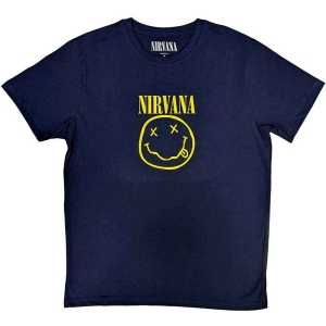 Nirvana - Yellow Happy Face Uni Navy  in the group MERCHANDISE / T-shirt / Nyheter / Pop-Rock at Bengans Skivbutik AB (5546464r)