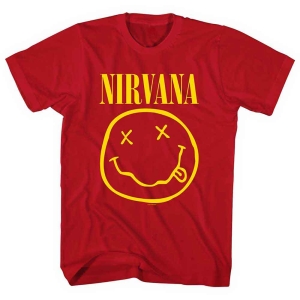 Nirvana - Yellow Happy Face Uni Red  in the group MERCHANDISE / T-shirt / Nyheter / Pop-Rock at Bengans Skivbutik AB (5546467r)