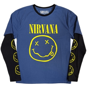 Nirvana - Yellow Happy Face Uni Denim/Bl Layered Longsleeve (L) in the group MERCHANDISE / T-shirt / Pop-Rock at Bengans Skivbutik AB (5643728)