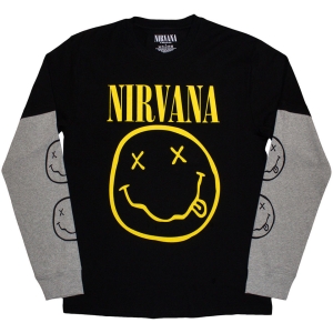 Nirvana - Happy Face Uni Bl/Grey Layered Longsleeve (L) in the group MERCHANDISE / T-shirt / Pop-Rock at Bengans Skivbutik AB (5644791)