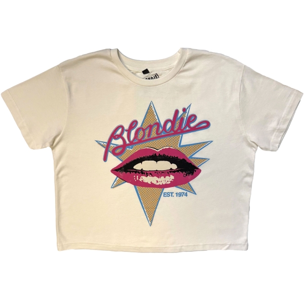 Blondie - Lips Stone Wash Lady Wht Crop Top in the group MERCHANDISE / T-shirt / Nyheter / Pop-Rock at Bengans Skivbutik AB (5692977r)